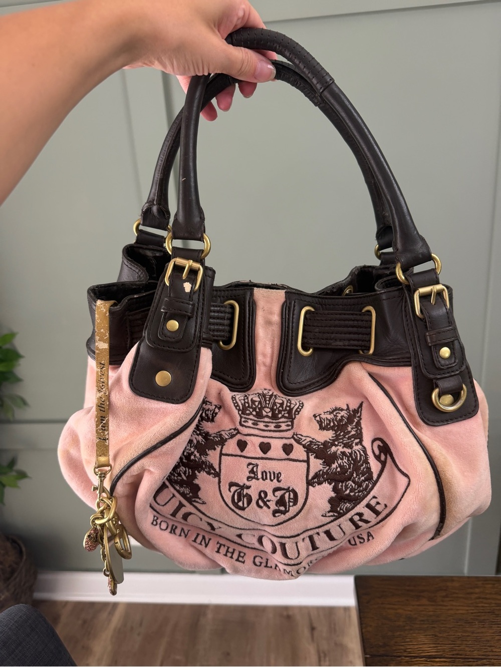 Y2K 2010 Juicy Couture Pink and Brown Scottie Daydreamer Shoulder Bag